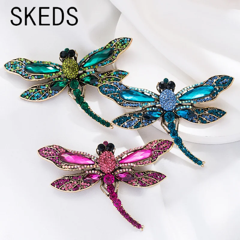 SKEDS Women Girls Luxury Full Crystal Dragonfly Brooches Big Rhinestone Trendy Badges Insect Vintage Jewelry Suit Clothing Pins