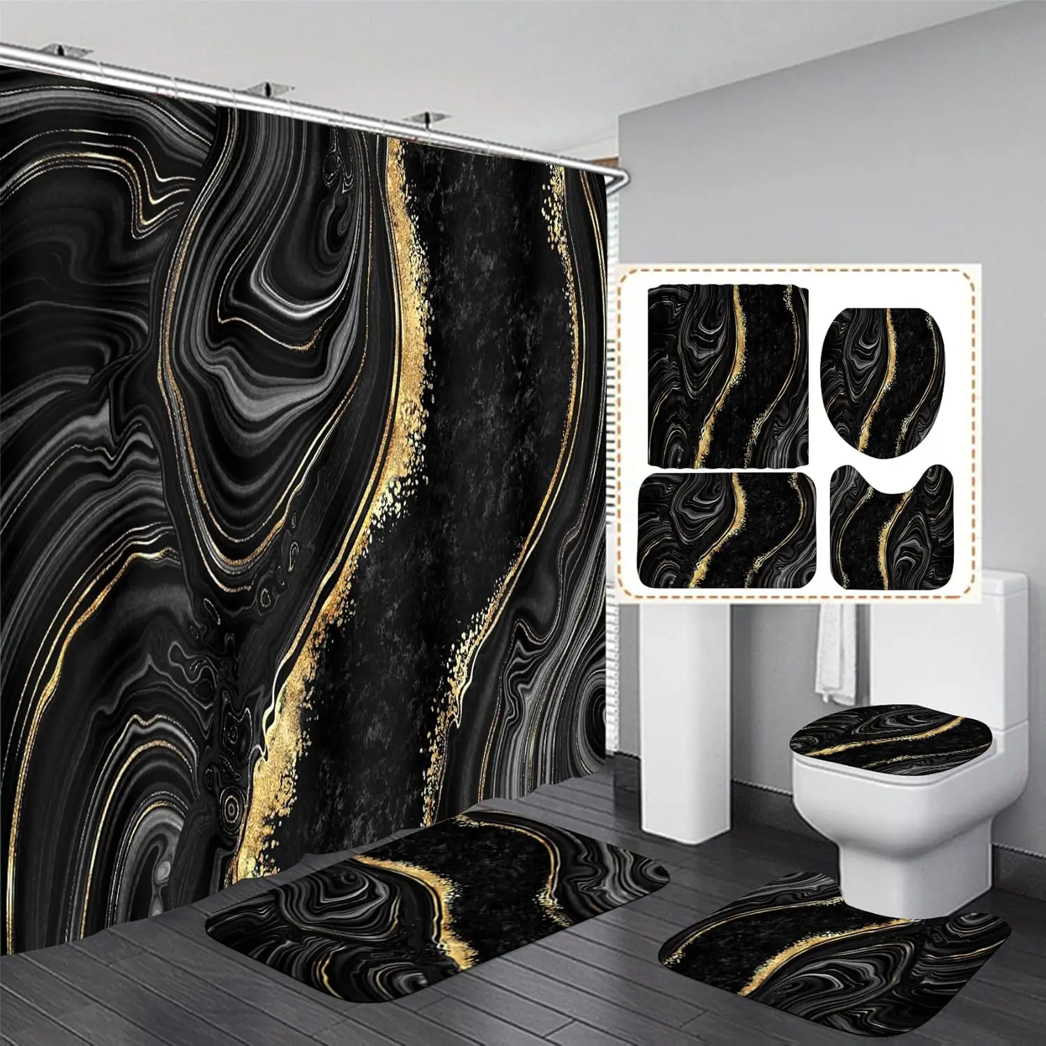 

4 Pcs Black Marble Shower Curtain Sets with Gold Rugs, Modern Abstract Bathroom Decor Accessories for Toilet Lid Cover