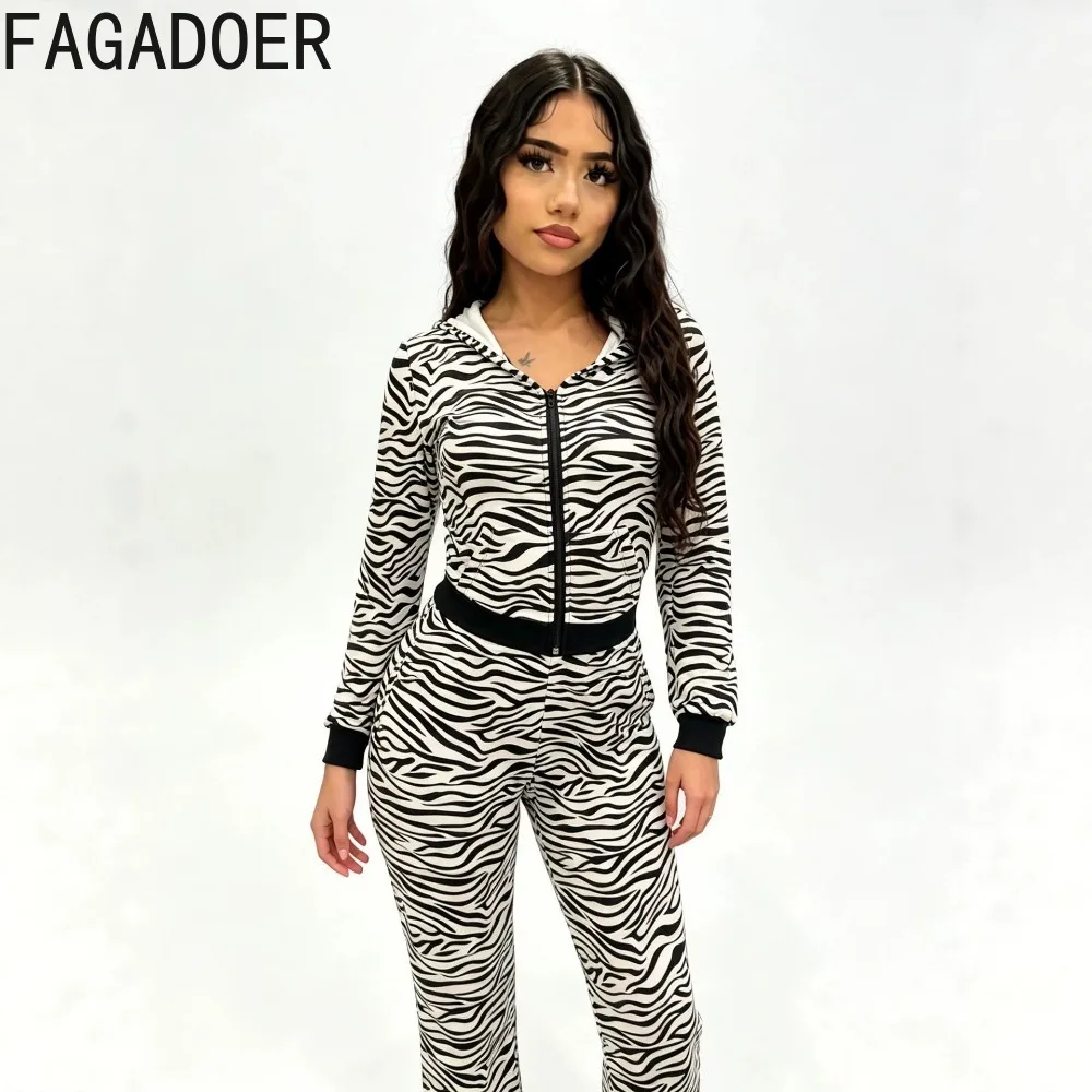 FAGADOER Women Leopard Zebra Print Two Piece Set Zip Up Hooded Jacket High Waist Pants Sexy Streetwear Matching Outfit Tracksuit