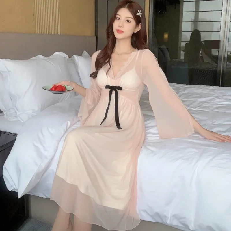 

Romantic Solid Color Nightwear Spring Autumn Mesh Night Fairy Dress Women Sexy Robe Long Nightgown Deep V Neck Full Sleepwear