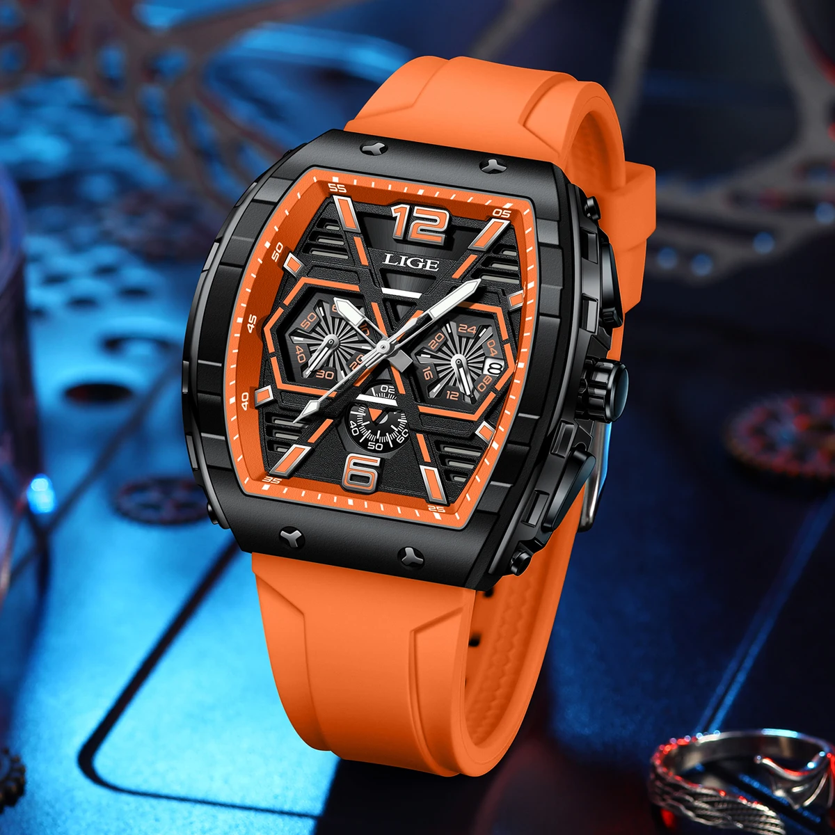 LIGE Fashion Orange Watches for Man Luminous Waterproof Chronograph Calendar Silicone Strap Outdoor Luxury Sports Men Quartz Watch with Gift Box