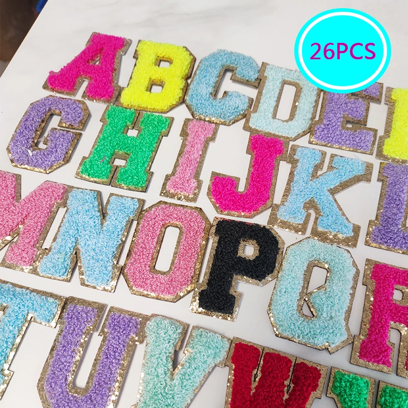 

26pcs/set 6.5cm English Letter Patches Chenille Letter Patches with Glitter Name Sticker Patch Stick on For Clothing Shirt Bag