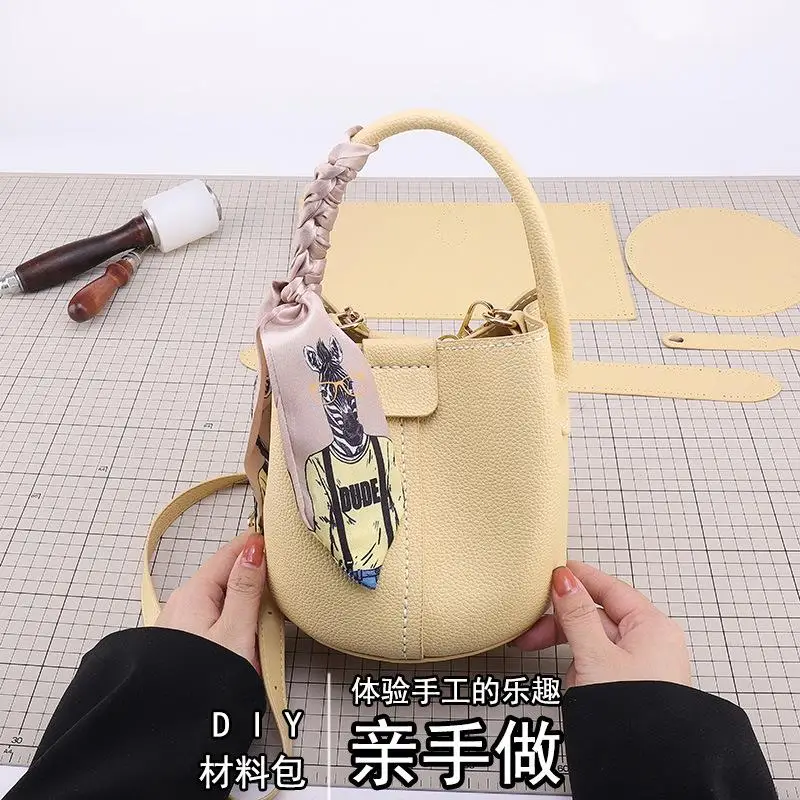 Bolso de punto DIY - Bolso bandolera tipo cubo de piel sintética con pañuelo de seda - Kit para principiantes - Bolso de mano hecho a mano para mujer
