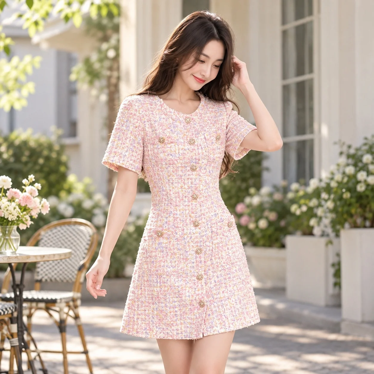 3d Mid Waist a Line Dress with Fitted Cut Elegant Women Summer Dress Round Neck Conventional Sleeve Midi Length Zipper Closure