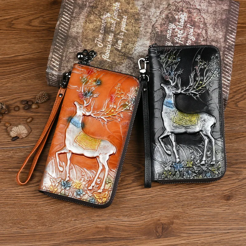 

Vintage Handmade Long Women's Wallet, Genuine Leather Clutch, Color-Embossed First-Layer Cowhide Zipper Wallet for Women