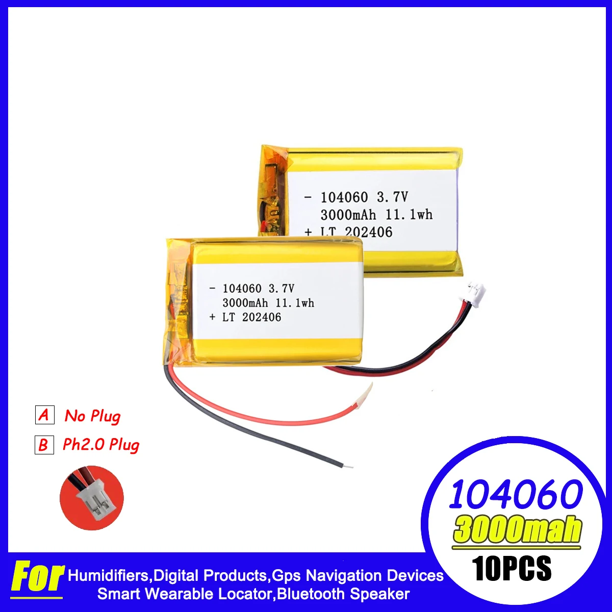 10pcs 3000mAh 3.7V Lipo Battery Recargable 104060 For Humidifiers Gps Navigation Smart Wearable Locator Bluetooth Speaker