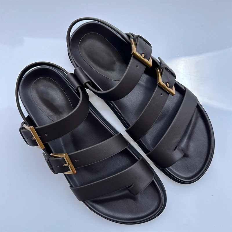 Mrxmus Genuine Leather Roman Sandals Summer Outdoor Casual Open Toe Strap Buckle Back Strap Solid Color Fashion Women Sandals