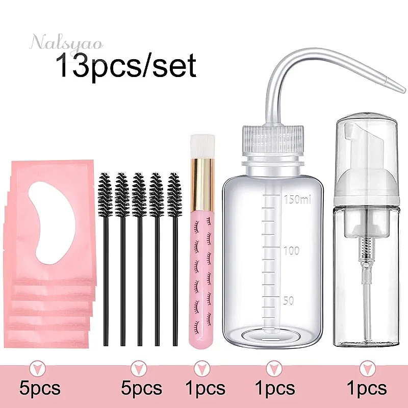 CNK 13Pcs Eyelash Extension Cleaning Kit Lash Shampoo Brush Soap Foam Washing Bottle Eyebrow Brush Eye Pad Patches Tools