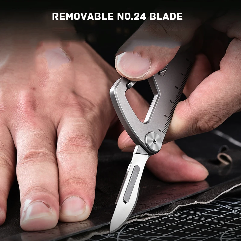 Imagem -04 - Titanium Liga Chaveiro Faca Masculina Lâmina Destacável Régua Multifuncional Abridor de Garrafas Car Key Latch Utility Knife No. 24