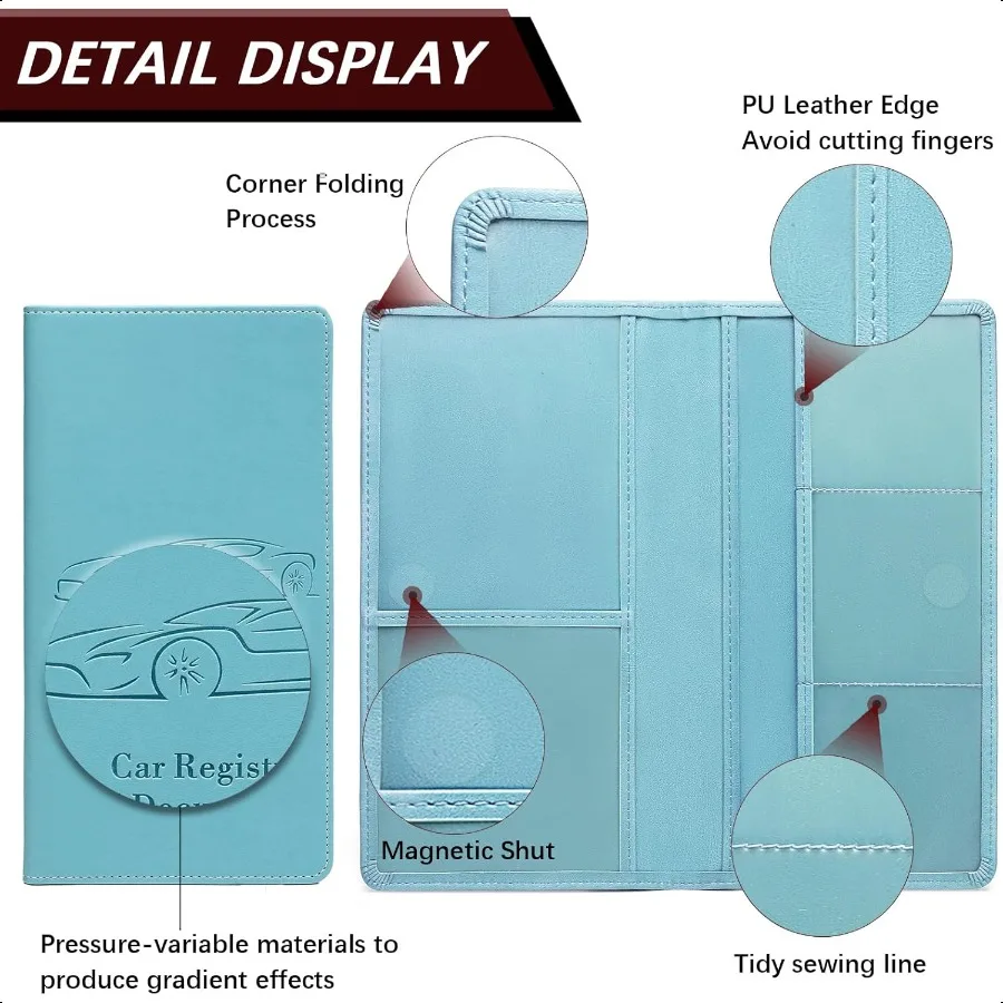 女性男性用車登録証・保険証ホルダー ブルー グローブボックス書類オーガナイザー マグネットバックル付きで簡単アクセス