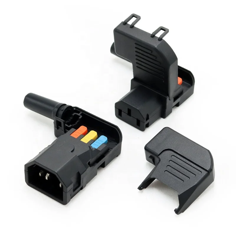 90° Bend IEC 320 C13/C14 Terminal Plug 10A 250V Snap-Fix Quick Connect Field-Assembled Crimp Connector Brass Contacts Nylon