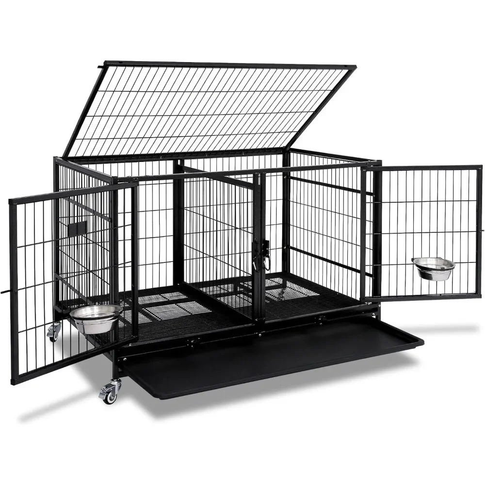 

43 Inch Metal Open Top Stackable Heavy Duty Dog Cage Kennel with Three Door, Metal Floor Grid, Divider and Feeding Bowl