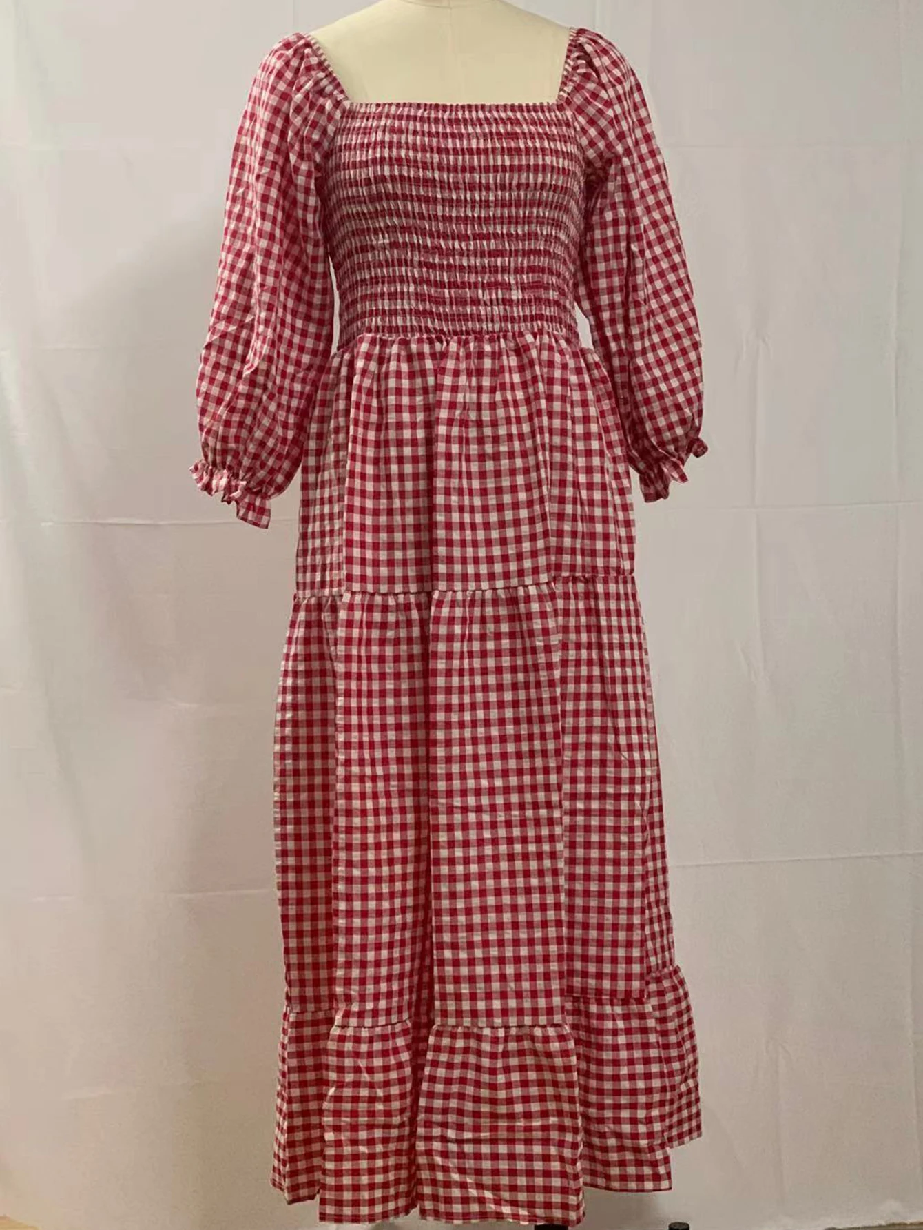 فستان نسائي منقوش بأكمام منتفخة ورقبة مربعة للخريف كاجوال أساسي بقصة عادية وبسيط فستان يومي لائق