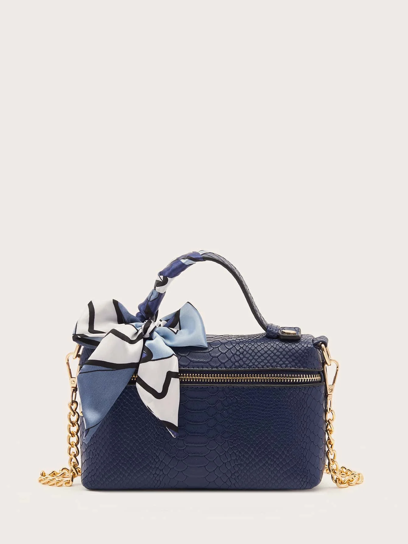 

Navy Blue Snake-Embossed Top-Handle Mini Bag with Detachable Silk Scarf Bow