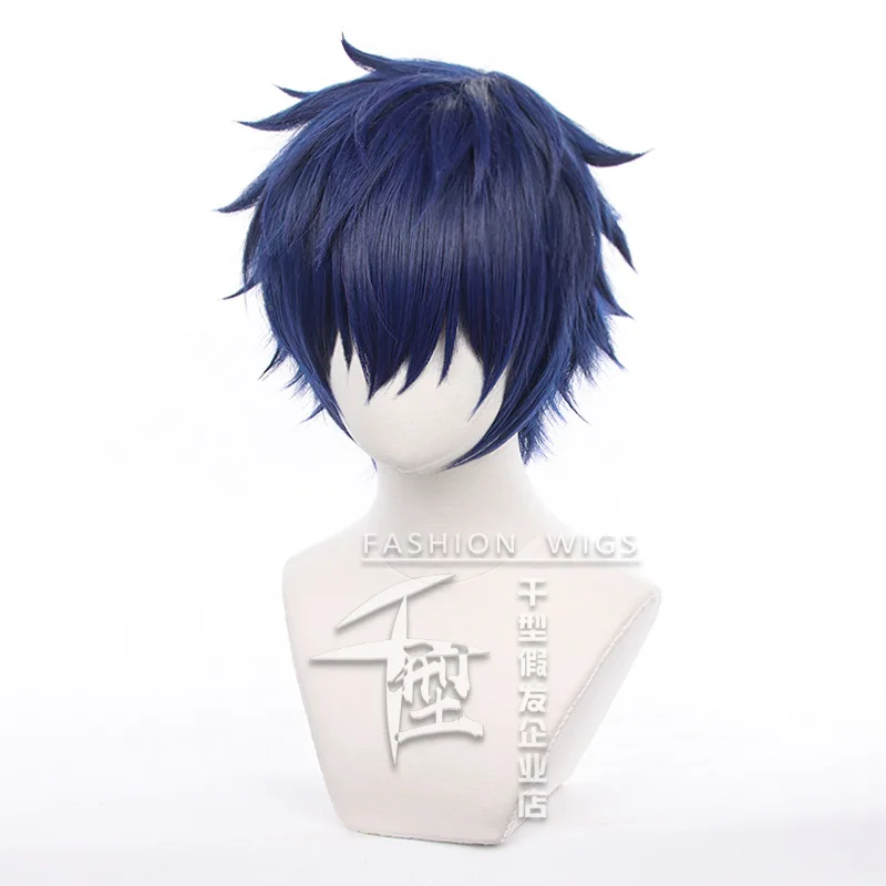 Peluca de Cosplay de Game Ensemble Stars Sazanami Jun, pelo corto azul oscuro, resistente al calor, sintético, accesorios para fiesta de Halloween