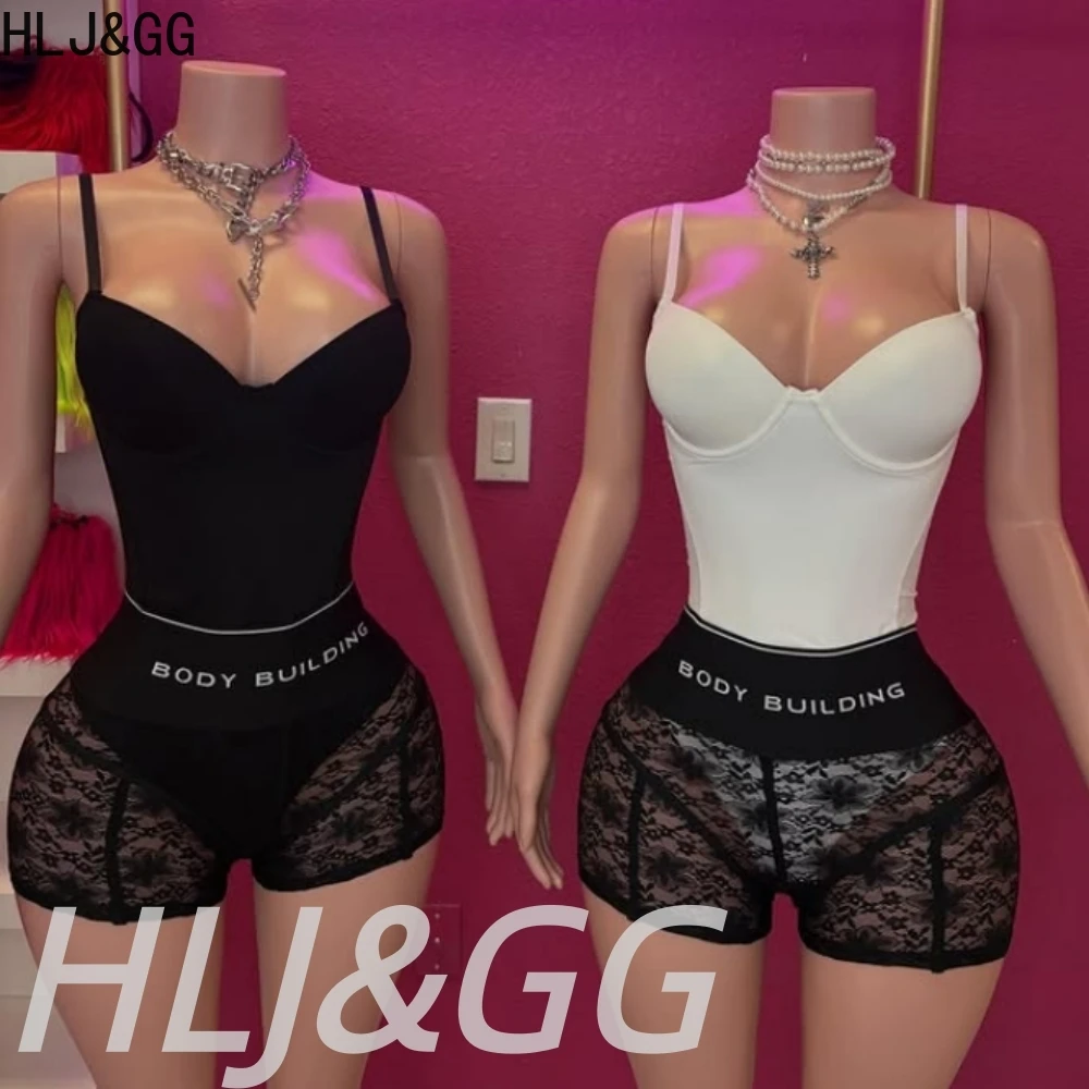 

HLJ&GG Sexy Bodycon Spaghetti Strap Bodysuits Two Piece Sets Women V Neck Slim Top And Mesh See Though Shorts Outfits Streetwear