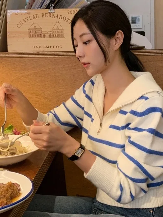 

Sweet Korean Sle Women's Knitwear Navy Collar Striped Sweater Autumn New Arrival Versatile Warmth Heating up Top