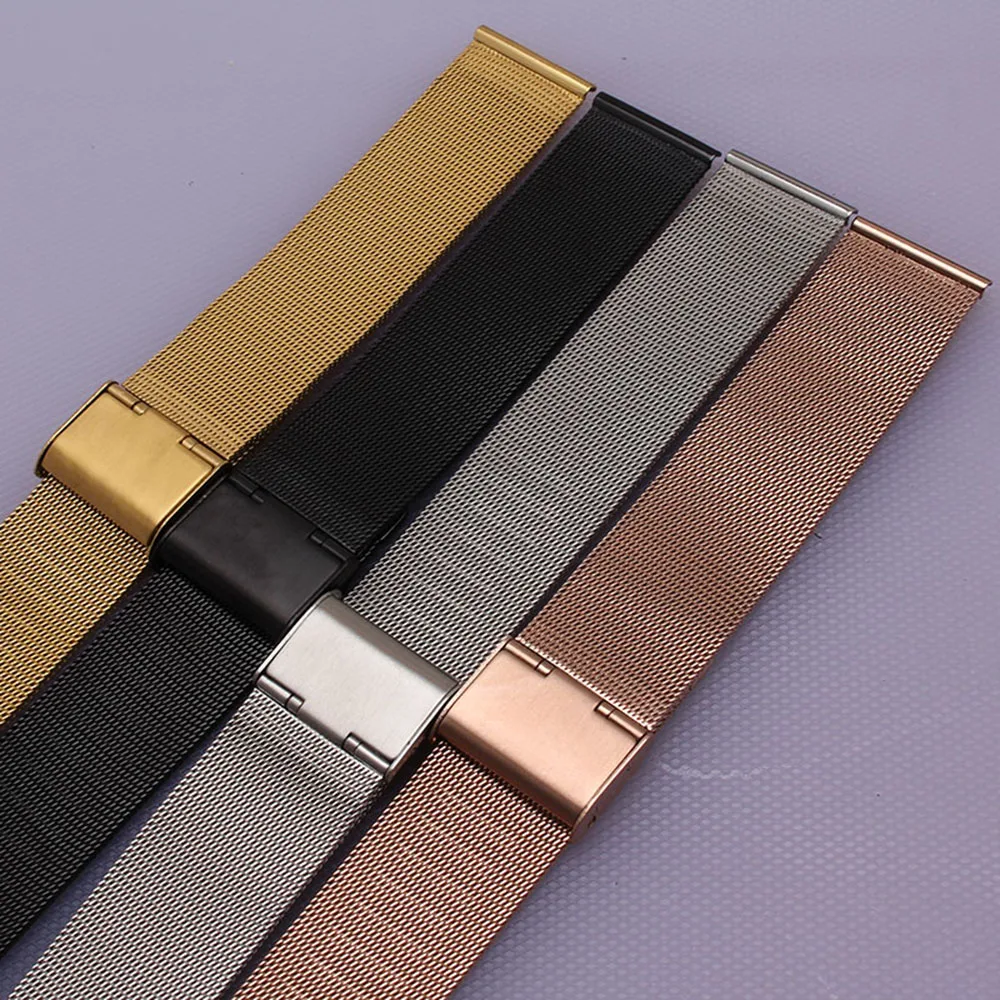 Ремешок «Миланская петля» из нержавеющей стали для наручных часов, прямой сетчатый Браслет с пряжкой, 12 мм 14 мм 16 мм 18 мм 20 мм 22 мм 24 мм
