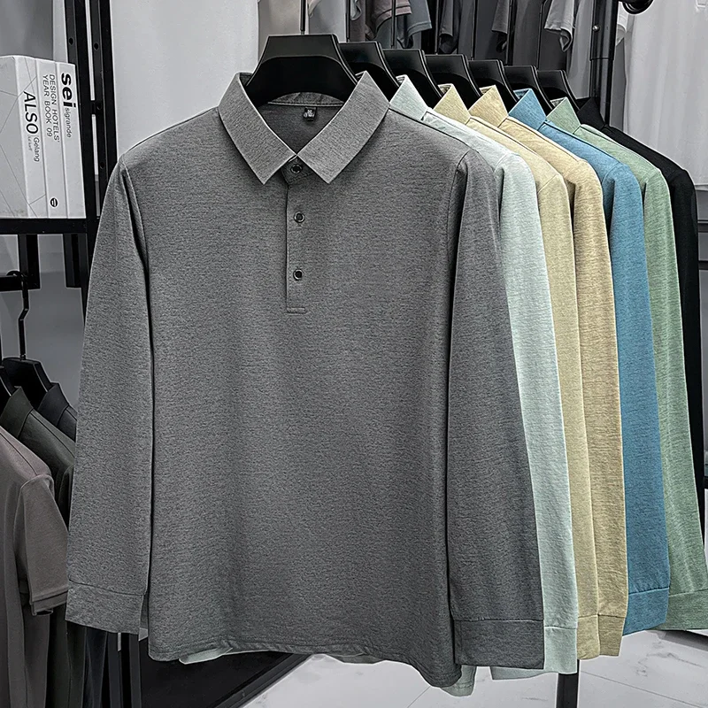 Autumn Mens Heather Texture Polo Top Lapel Long Sleeve Shirt Soft Breathable Fabric Business Casual Wear