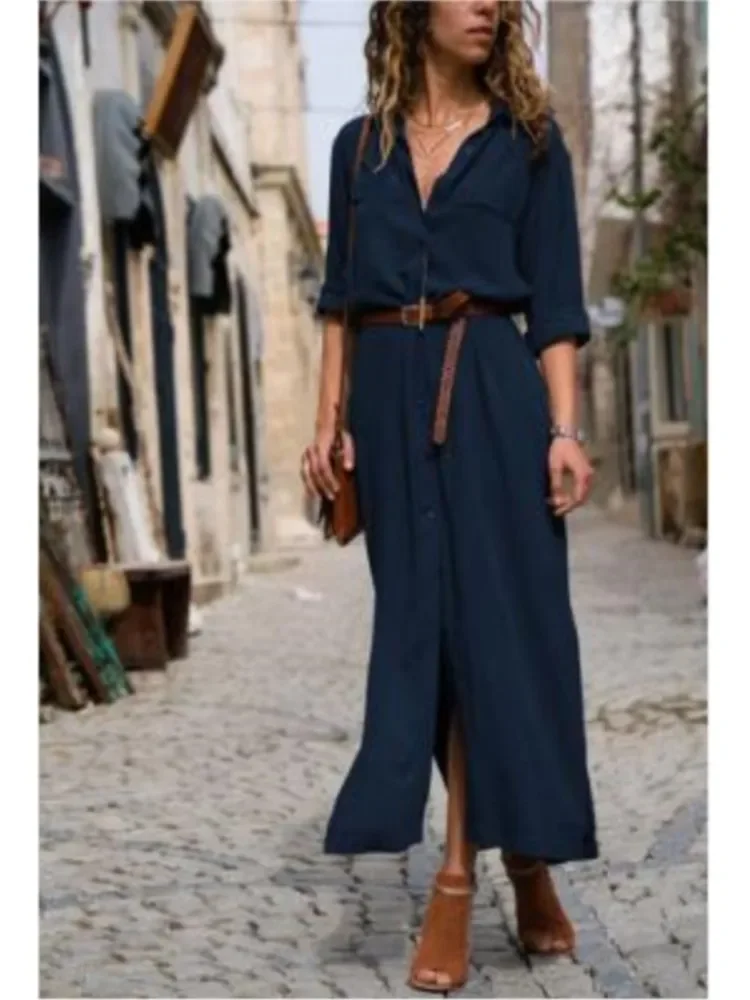 الربيع الصيف التلبيب بأكمام طويلة واحدة الصدر الشق منتصف طول فستان المرأة حزام الموضة بلون فضفاض فساتين قميص الإناث