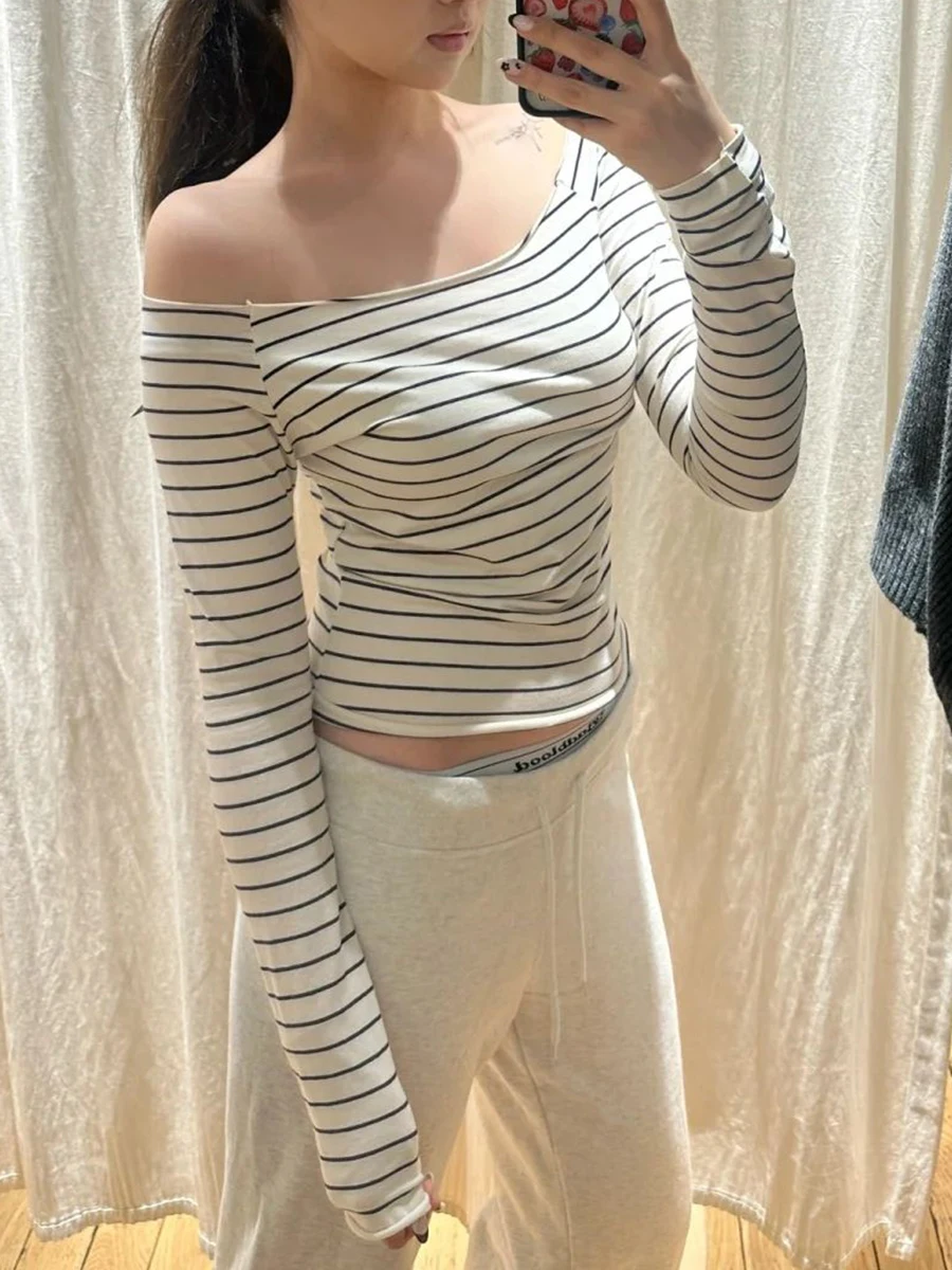 New Pink Striped Long Sleeve T-shirt Woman Spring Raw Hem Slash Neck Slim Tee Tops Casual Sweet Preppy Style Cotton Tshirt Y2k