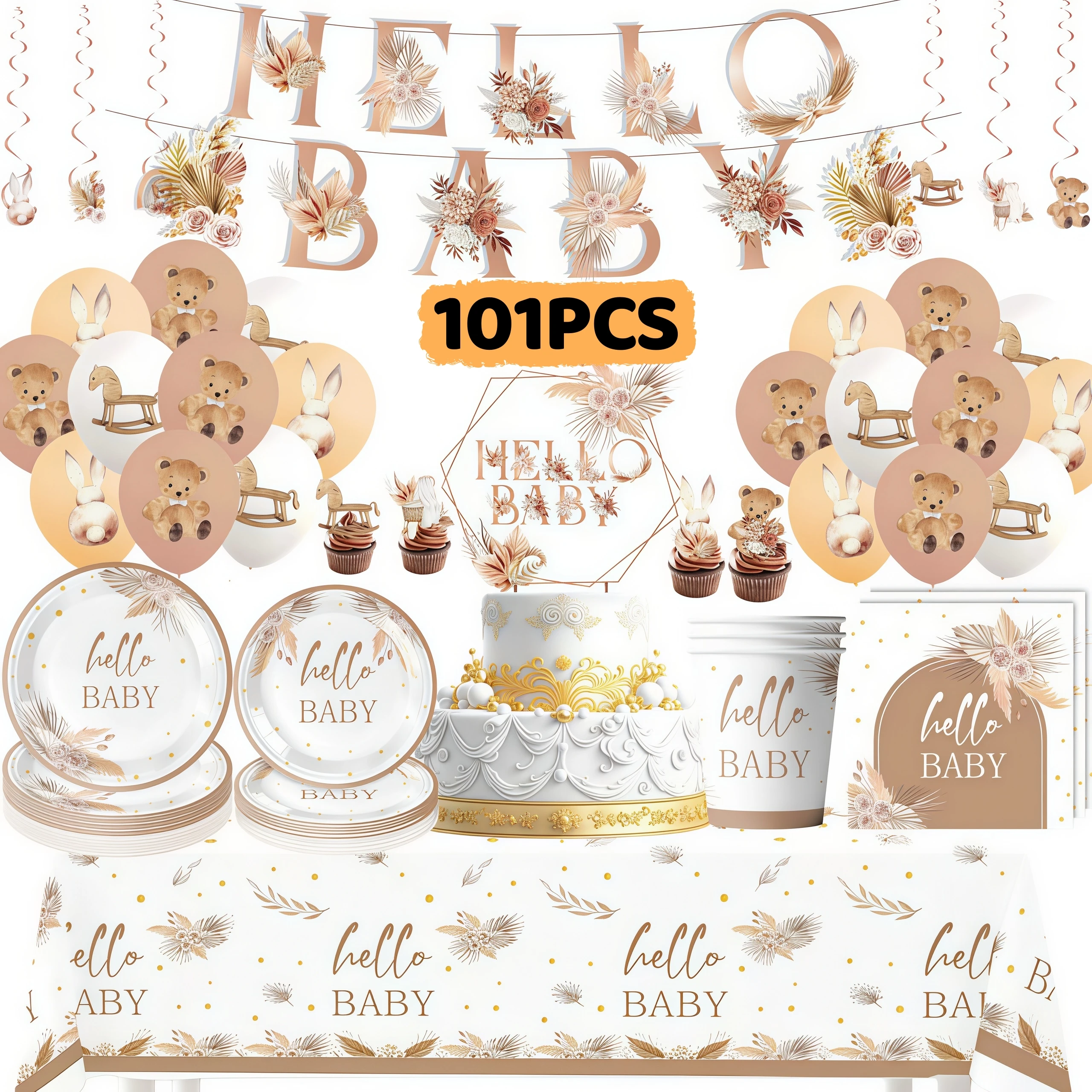 101PCS Baby Shower Decorations Kit Gender Reveal Party Supplies Hello Baby Plate Cup Banner Balloon Boy Girl Baby Shower Decor