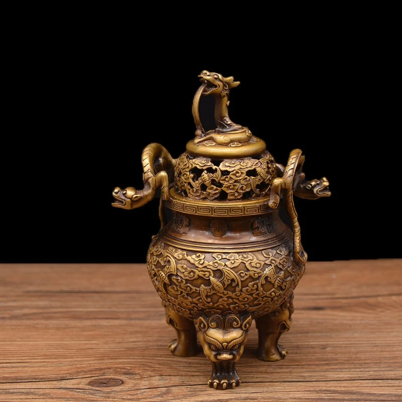 Copper Three Legs Dragon Head Incense Burner Statue Chinese Ancient Beast Censer Cover Statue Office Home Decor Gift