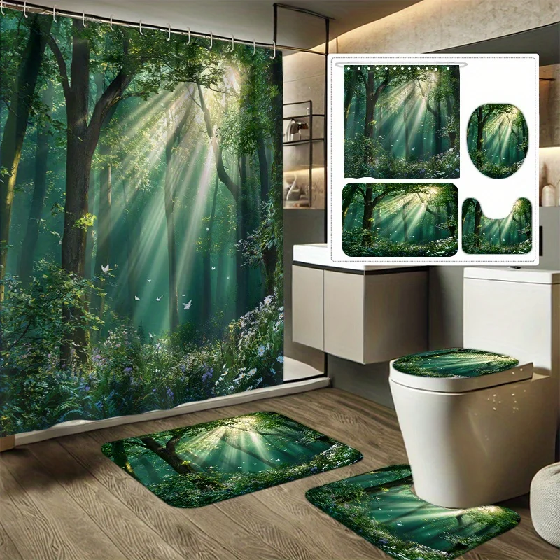

4pcs Morning Light Forest Tranquility Printed Shower Curtain Set, Decorative Bathroom Set Includes Shower Curtain, Non-Slip