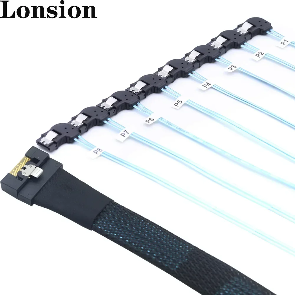 Premium Slimline 4.0 SFF-8654 8i to 8-port SATA Left Angled Hard Disk Adapter Cable