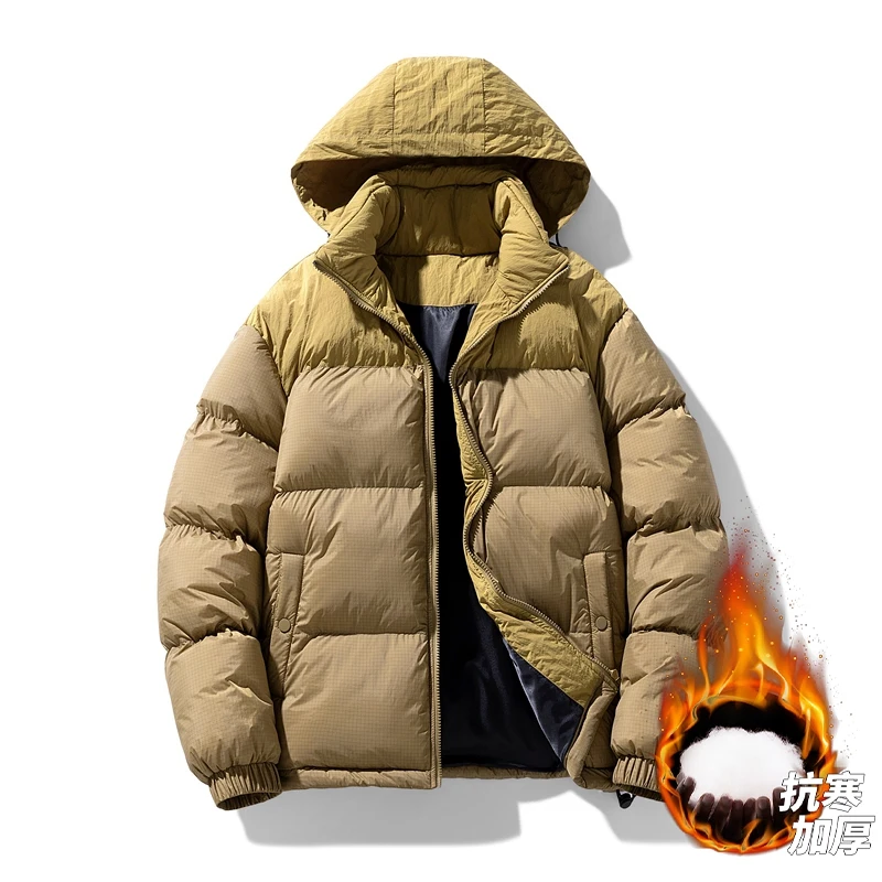 Men Winter Classic Patchwork Windproof Hooded Jacket Unisex Vintage Parkas Thick Warm Fashion Oversize Cotton-Padded Windbreaker