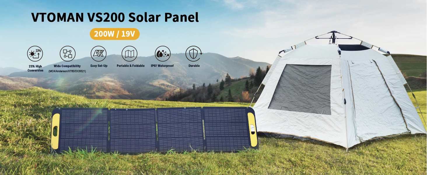 VTOMAN VS200 Rigid Foldable 200W Solar Panel Kit, 19V High Efficiency Portable Solar Charger, Ideal for Travel, Smartphone, Boat, RV, Camping & Outdoor Power Station