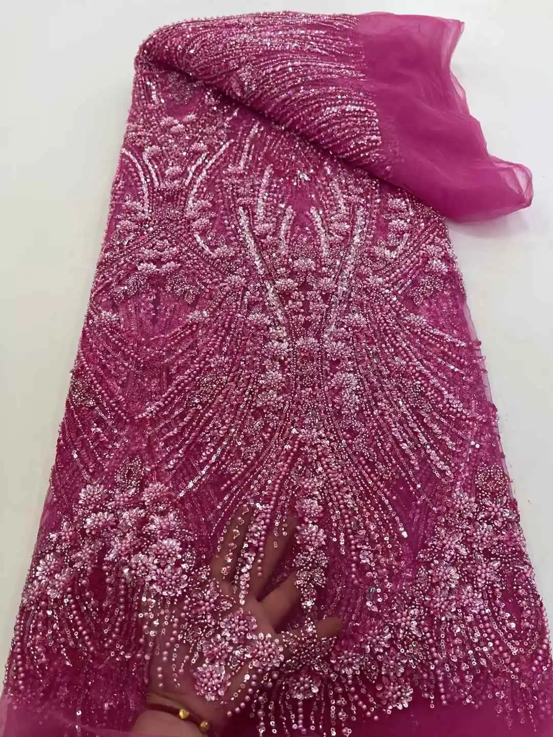 African Beaded Lace Tulle Fabric Heavy Handmade Swiss Sequin Fabric Nigerian Wedding Prom Dress Sew High Quality -XC