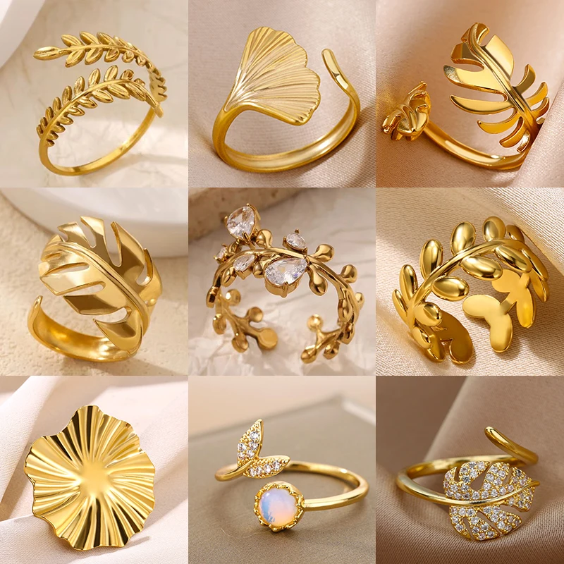 Fashion Zircon Leaves Rings For Women Gold Color Stainless Steel Leaves Ring Couple Wedding Minimalist Jewelry anillos mujer