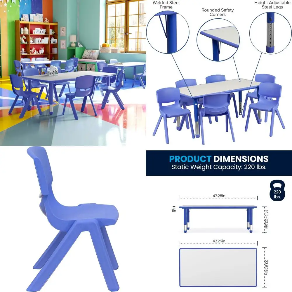 طاولة أنشطة بلاستيكية زرقاء من إيما وأوليفر مع 6 كراسي، عرض 23.625 × طول 47.25