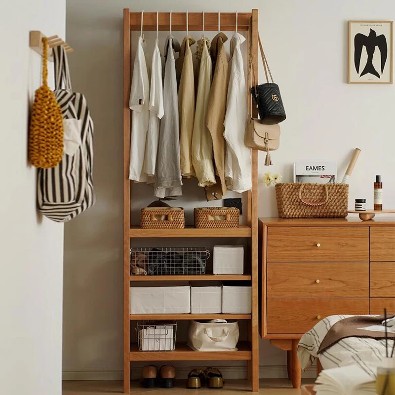 

Nordic solid wood coat rack storage combination bedroom floor-to-ceiling hanger cherry wood Japanese log storage rack