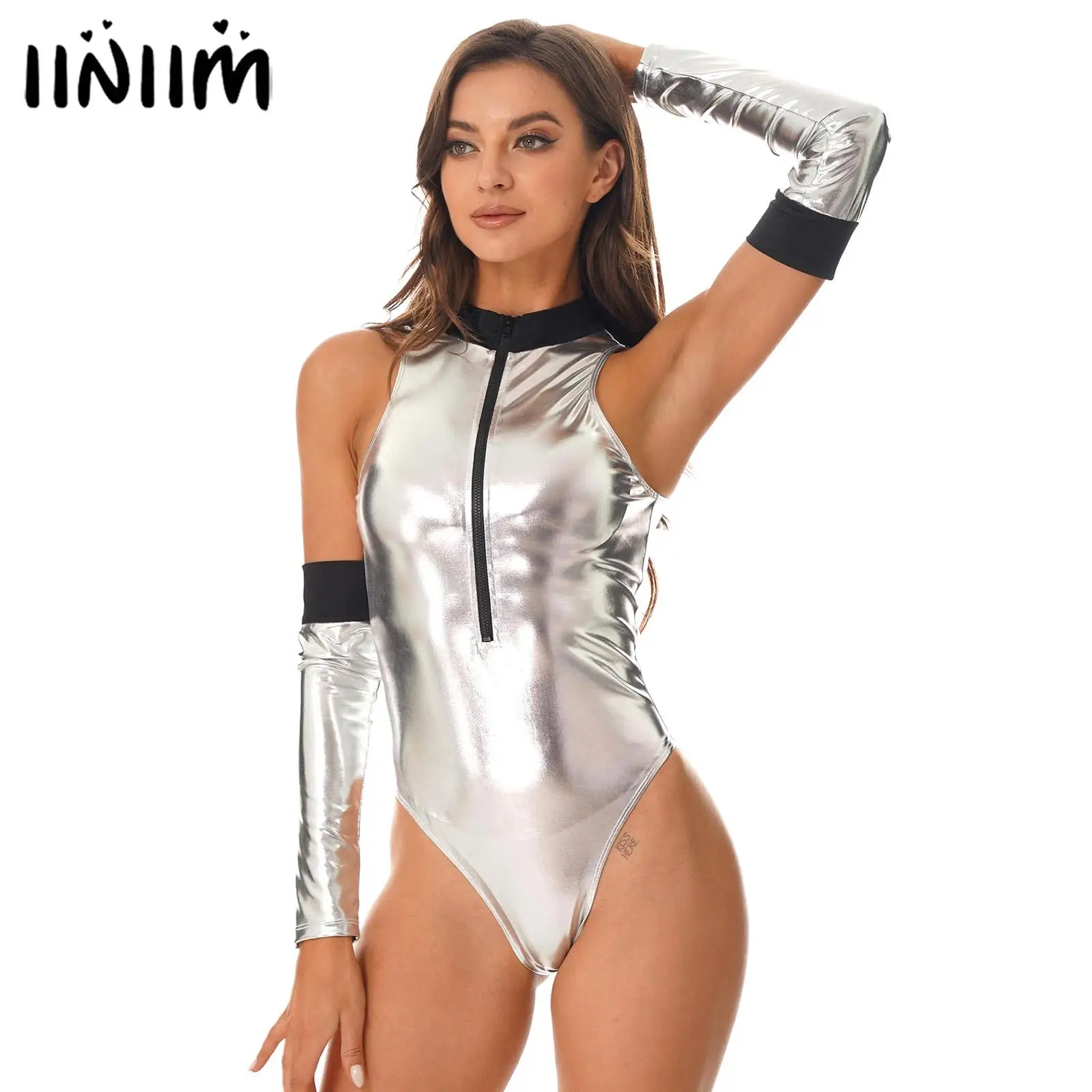 

Womens Astronaut Alien Robot Cosplay Costume Outer Space Outfits Shiny Patent Leather Bodysuit Zipper Catsuit with Oversleeves