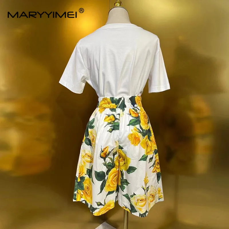 MARYYIMEI Fashion Women\'s Round Neck Woven Cotton Short-Sleeved White Floral Top+Yellow Rose Printed Bell-Bottoms 2-Piece Set