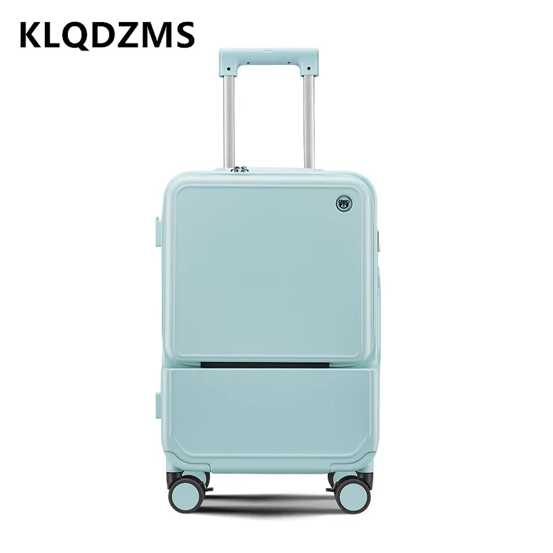 KLQDZMS Cabin Suitcase ABS+PC Front Opening Laptop Boarding Case USB Charging Aluminum Frame Trolley Case Rolling Luggage