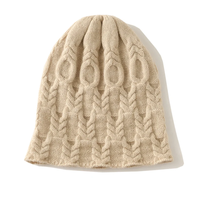 

Autumn Winter New 100% Cashmere Thickened Hat, Female Knitted Twisted Flower Heavy Industry Baotou Hat Warm Ear Protection Hat