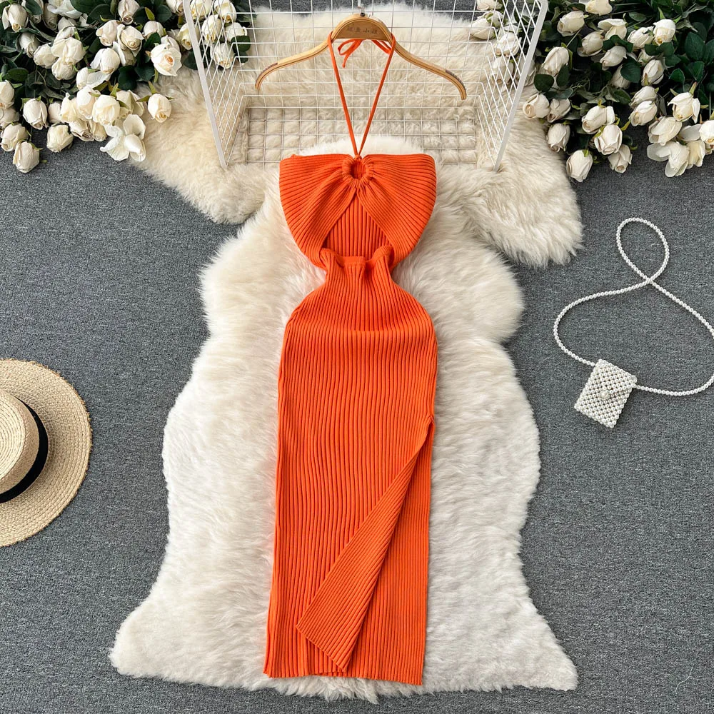 Halter Crochet Bodycon Dress Cut Out Sexy Split Dresses Off Shoulder Backless Party Vestido Korean Women Chic Fashion Robe Y2k