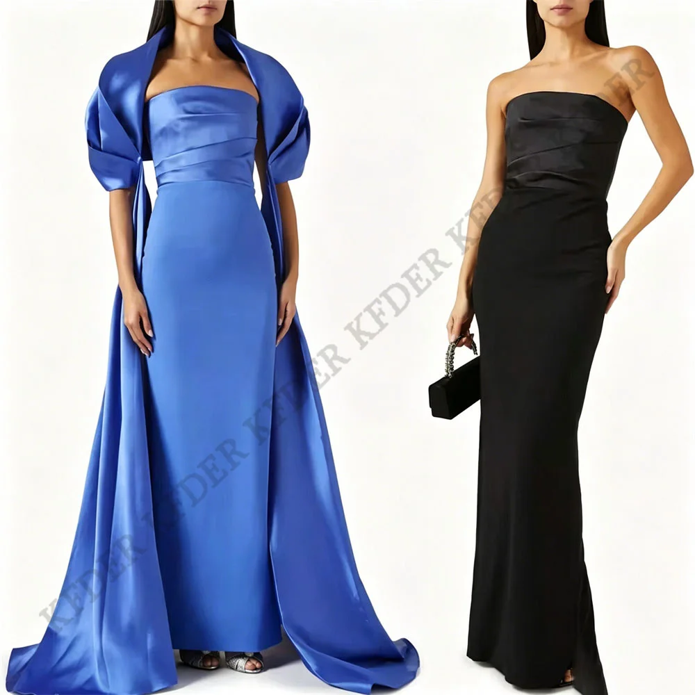 

Customized Modern Evening Dress With Long Cape Pleated Beach Strapless Prom Dresses for Women Sleeveless Formal Party Dubai Gown