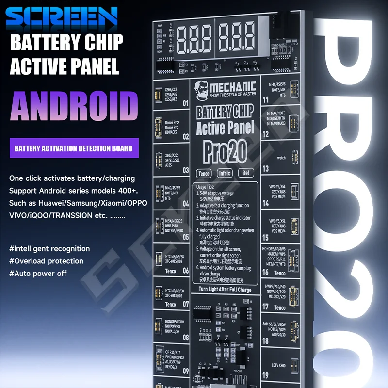 

Плата обнаружения активации аккумулятора MECHANIC PRO20 поддерживает порт Type-C и USB для ремонта моделей серий Android