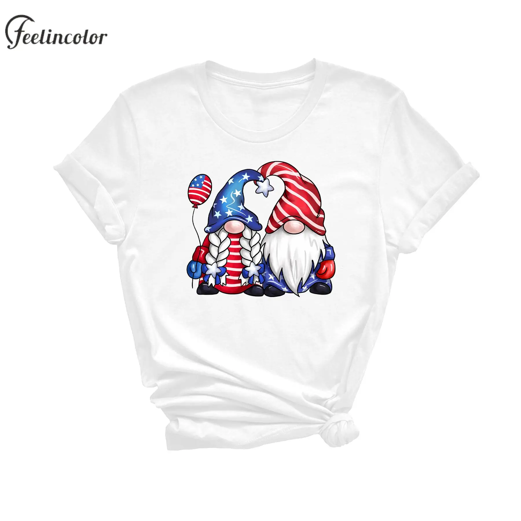 Independence Day USA Gnomes T-shirts Women 4th of July Fireworks Shirt Gifts Patriotic Casual Top White Short Sleeve Tee Shirt