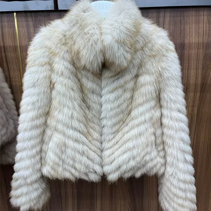 New Fashion Winter Women Fur Coat Real Natural Fox Fur Coat Strip Sewed Toghter Coat Thick Warm Luxury Outerwear Winter Jackets