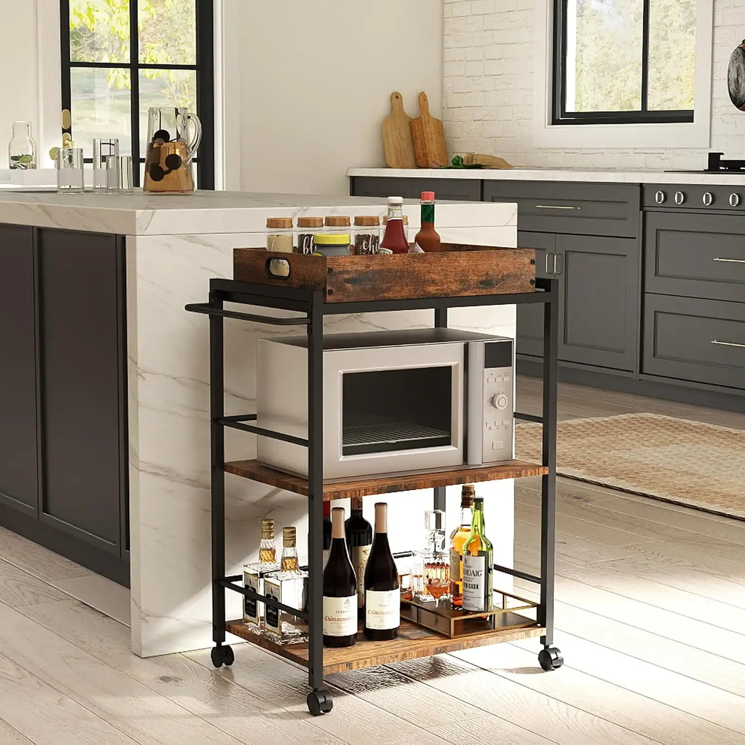 3 Tier Kitchen Cart, Rolling Bar Cart, Rustic Brown&Black