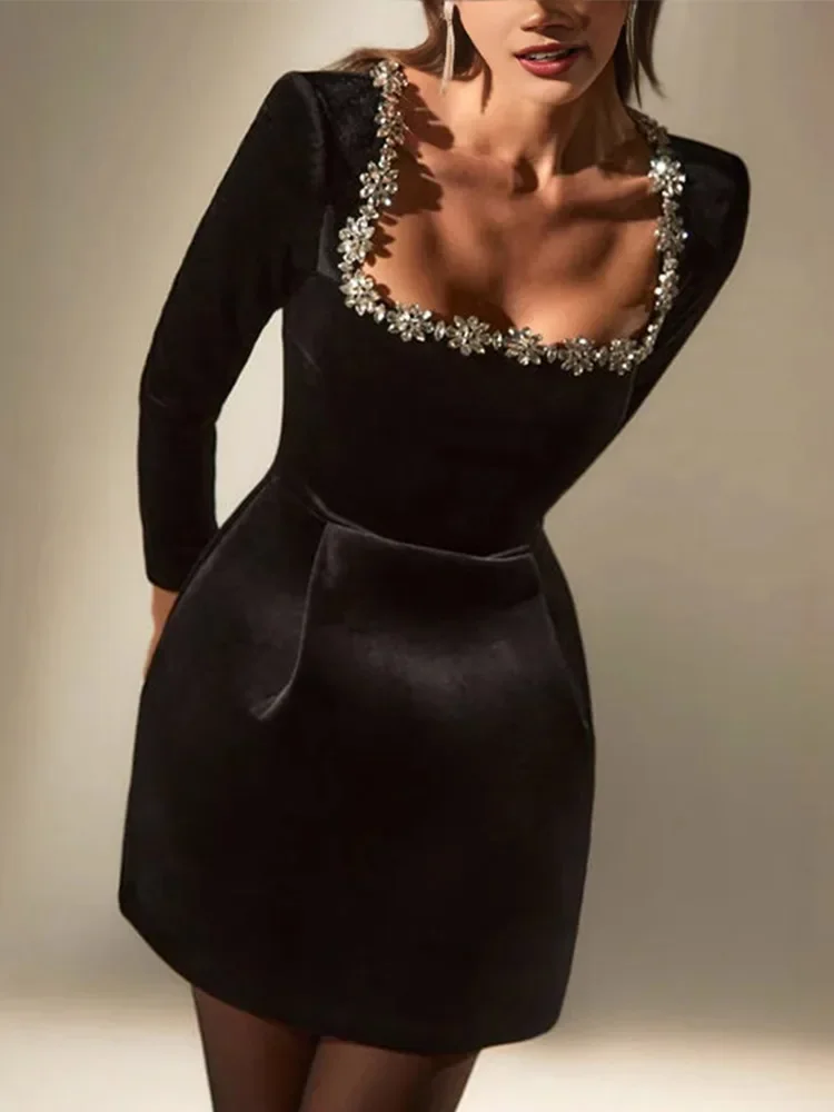 스퀘어 칼라 벨벳 드레스 다이아몬드 스터드 긴팔 슬림핏 이브닝 가운 허리 조절 빈티지 여성 숏 드레스 신상