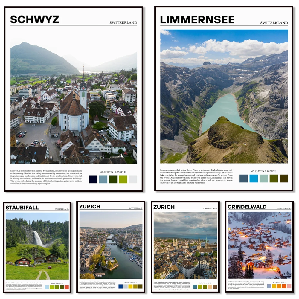 Glarus, Linthal, Lauterbrunnen, Interlaken, Wengen, Lake Limgen, Zurich, Grossmunster, Schwyz town, Switzerland travel poster