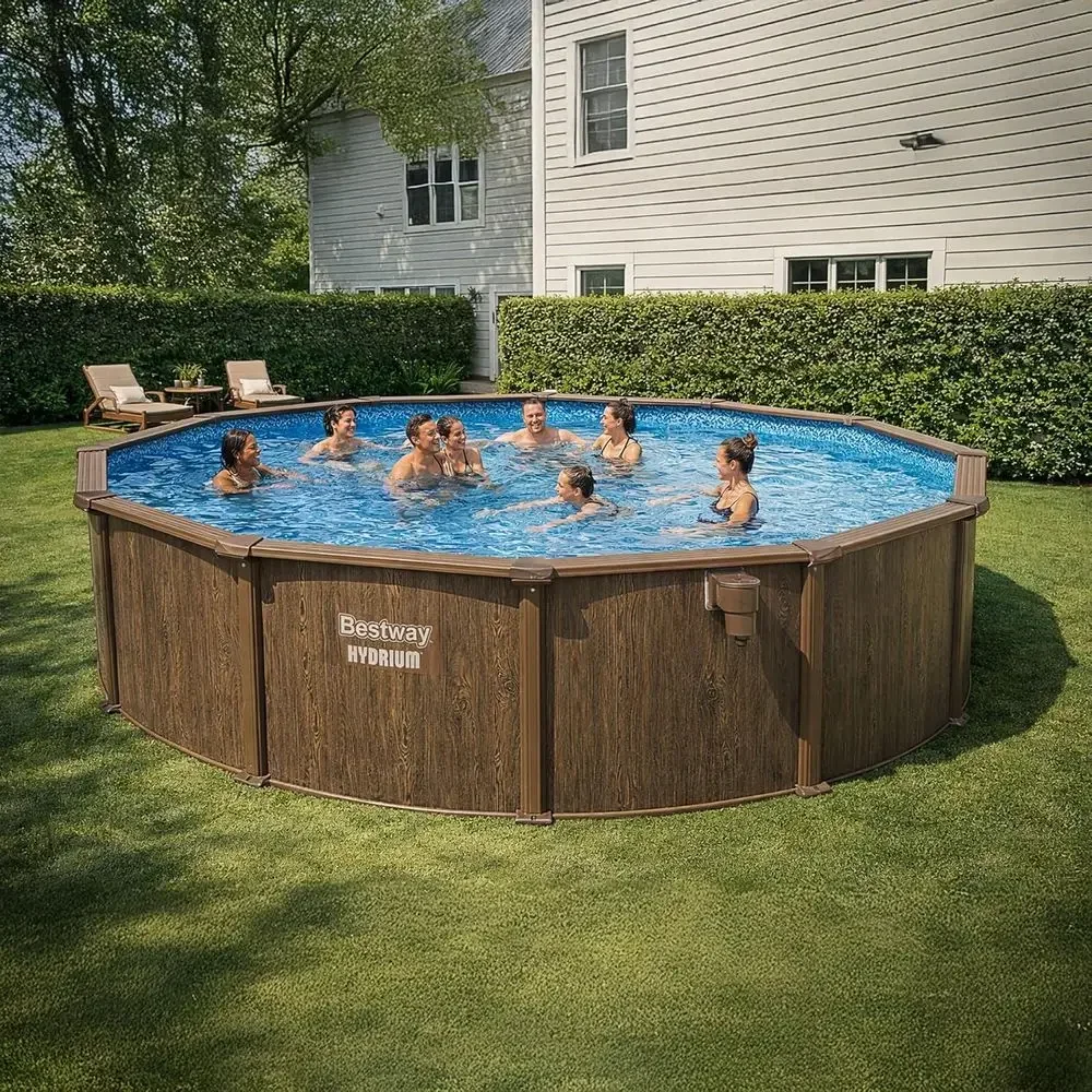 Round 18ft x 52in Steel-Sided Above Ground Pool with Sand Filter Pump, Ladder, and Accessories