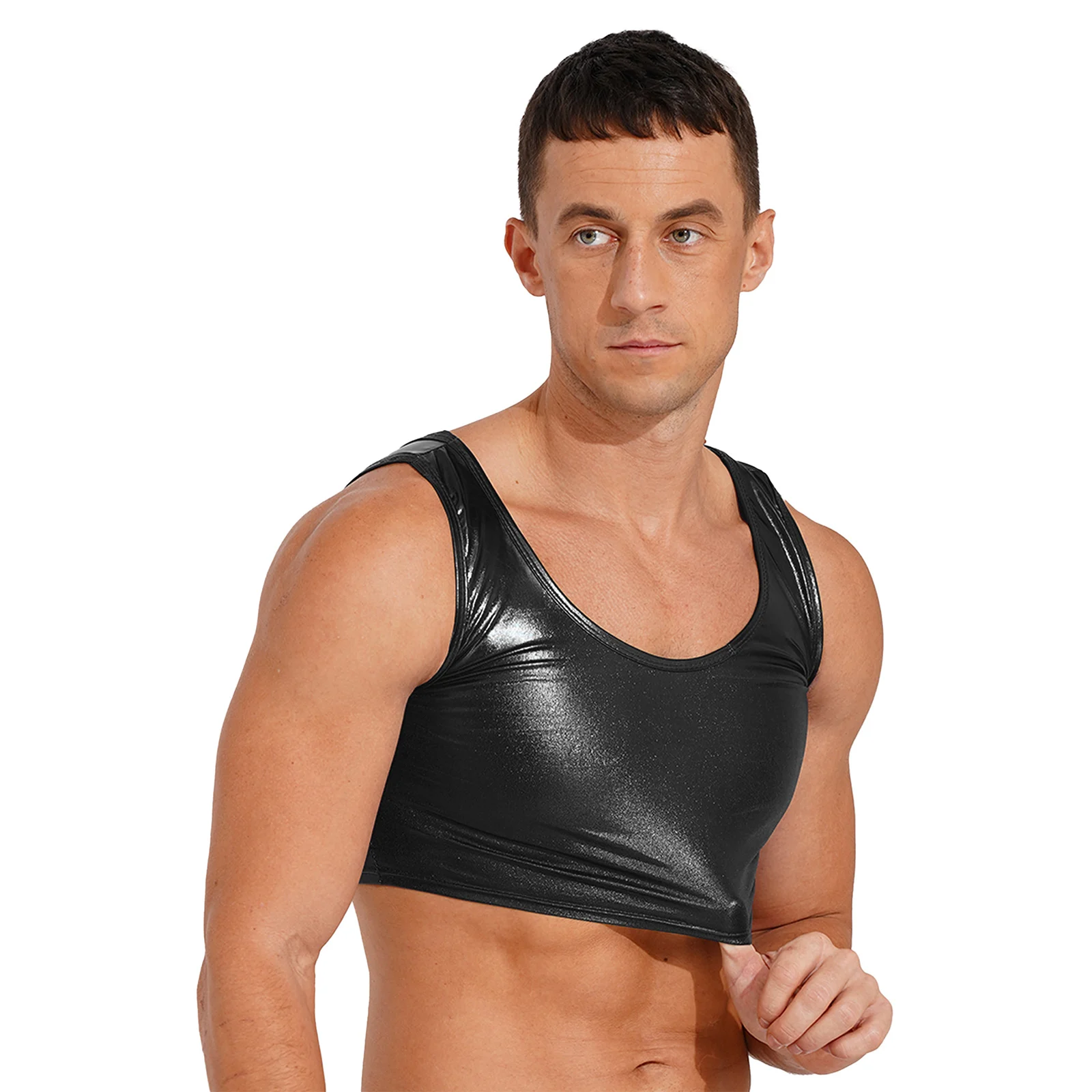 Mens Shiny Metallic Tanks Tops Wet Look Sleeveless Vest Stretchy Crop Top Rave Festival Party Pole Dance Performance Clubwear