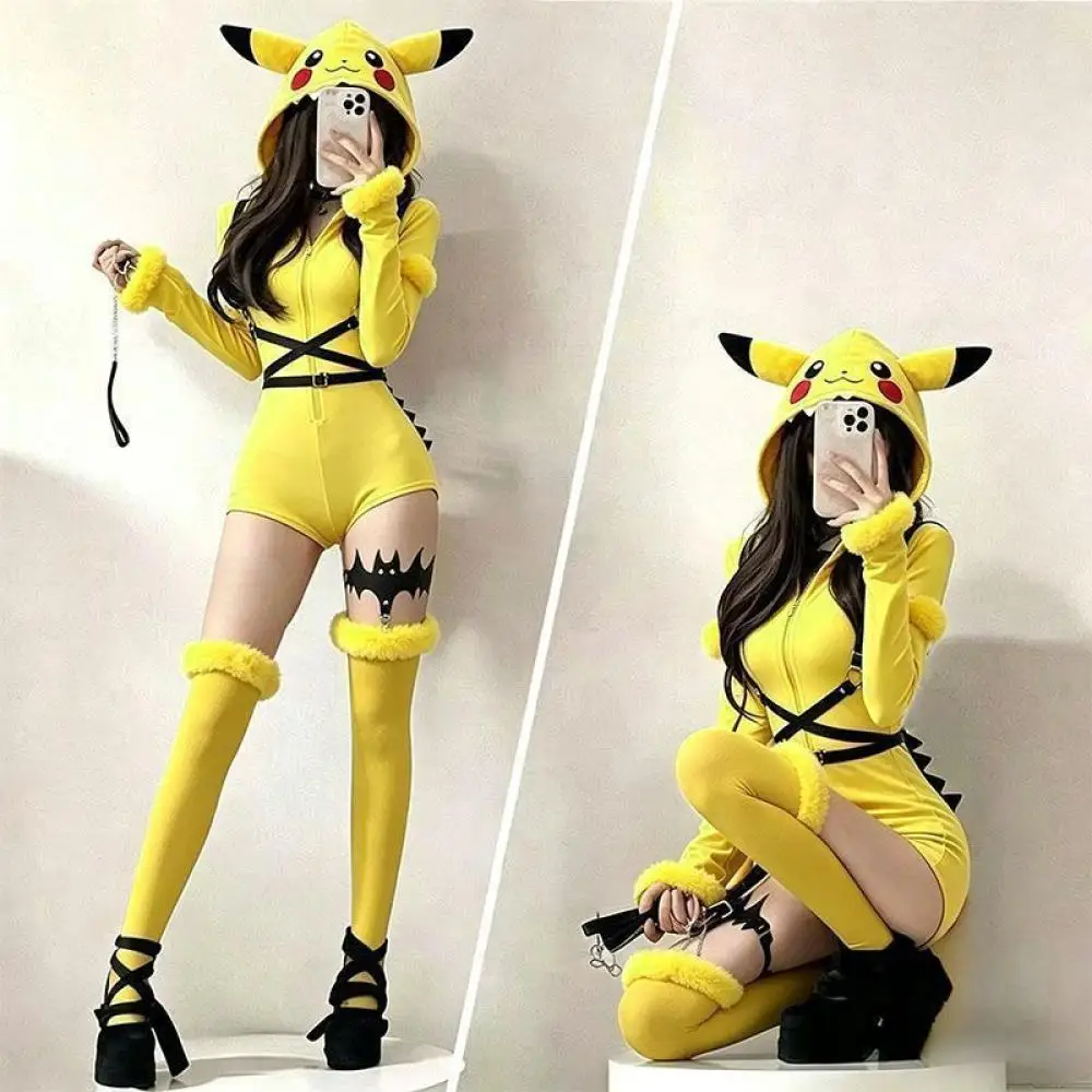 Anime Pikkachu Cosplay Costume Women Sexy Hooded Bodysuit Tail Socks Suit Girls Cartoon Plush Jumpsuit Uniform Halloween Gift